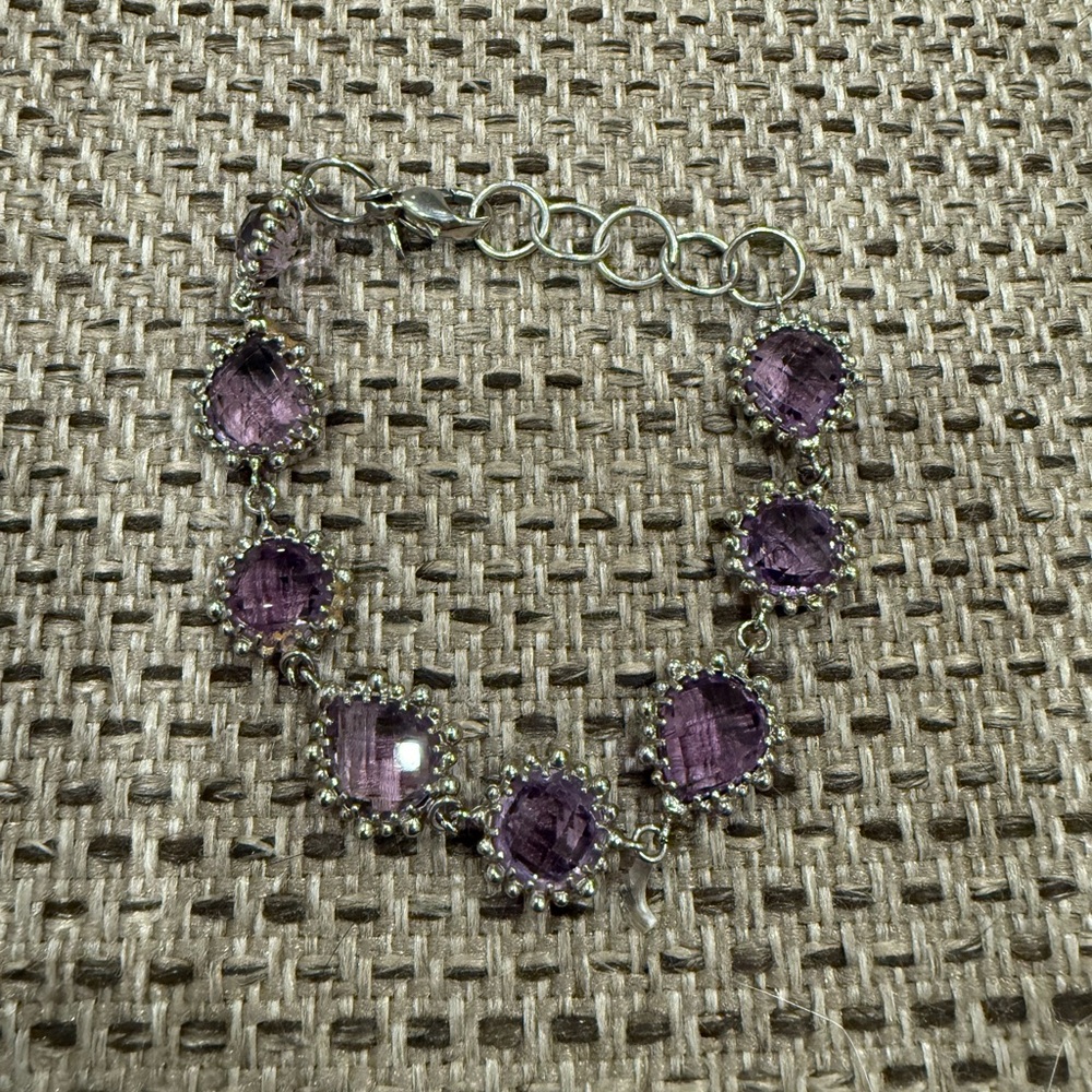 Purple Glass Beaded Chain Bracelet Adjustable Lobster Clasp Silver Tone 8in